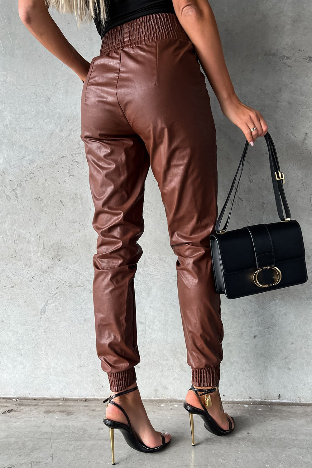 Brown Smocked High-Waisted Pants